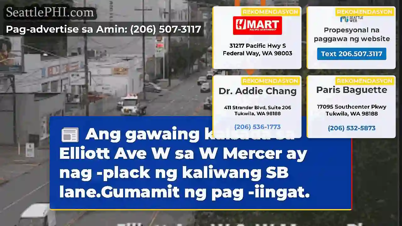 Ang gawaing kalsada sa Elliott Ave W sa W Mercer
