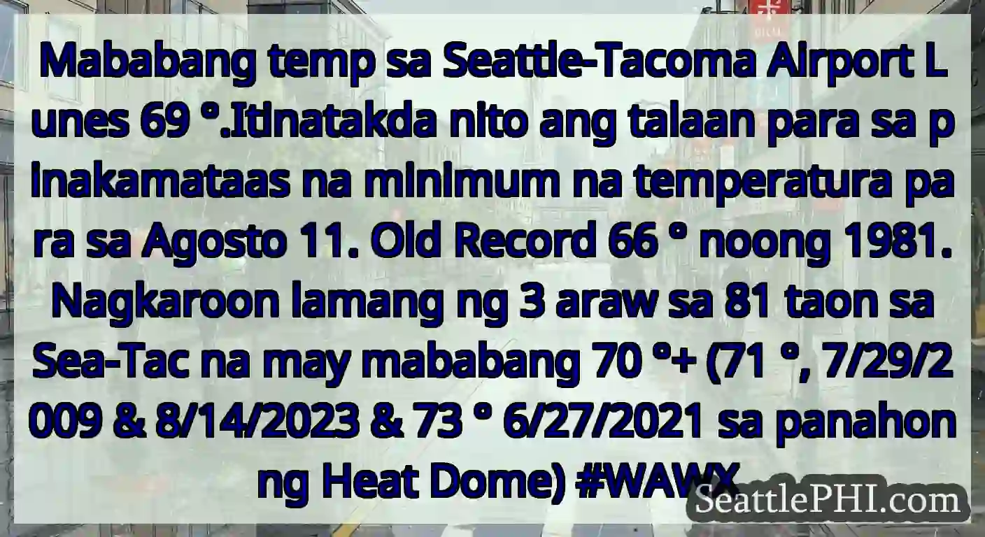 Mababang temp sa Seattle-Tacoma Airport Lunes 69