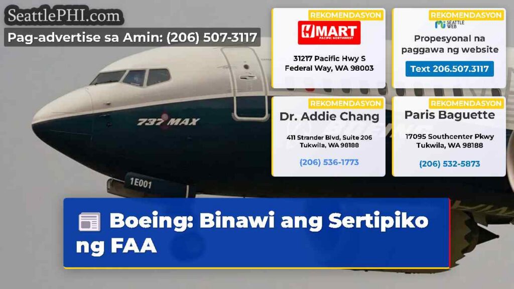 Boeing: Binawi ang Sertipiko ng FAA