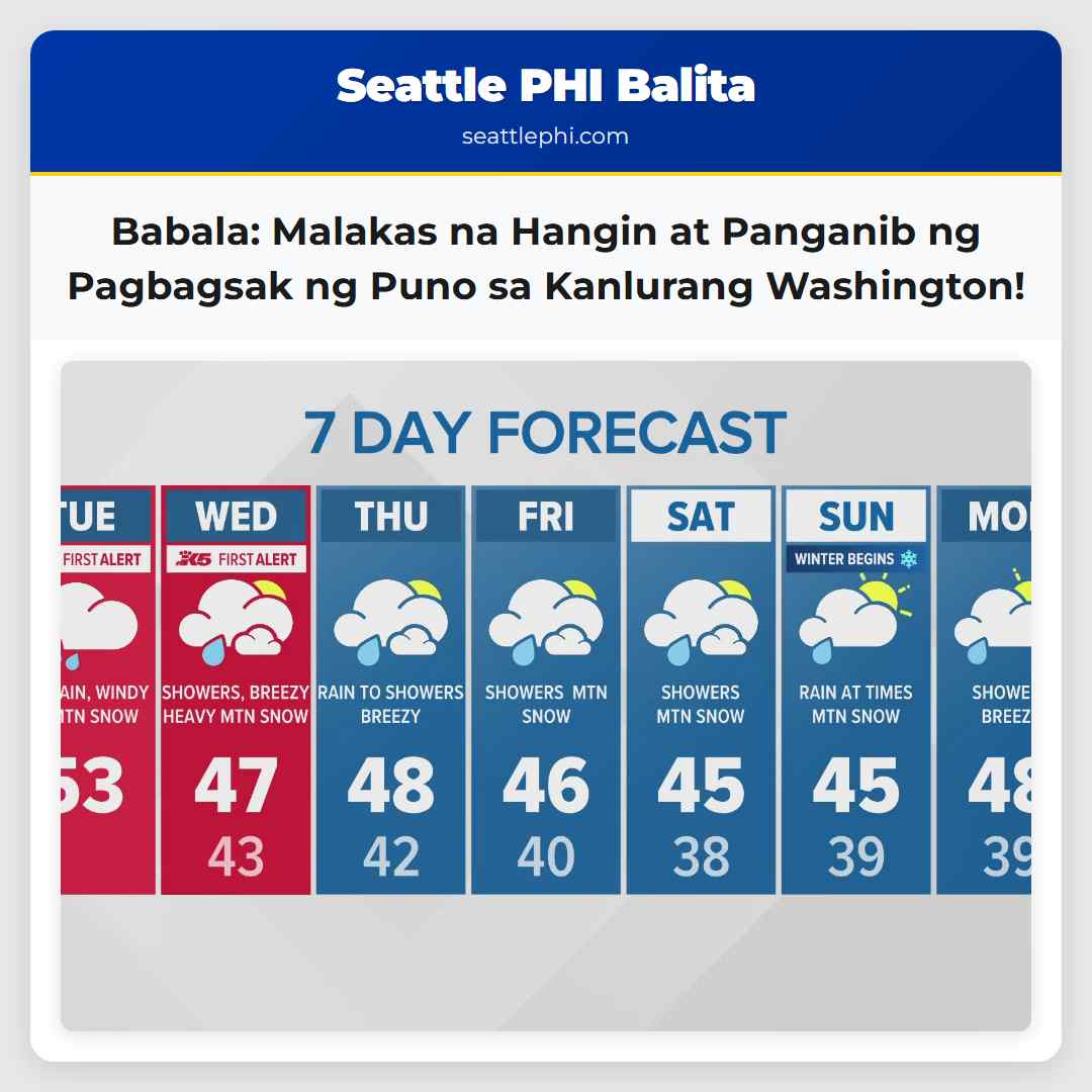Babala sa Malakas na Hangin at Panganib ng Pagbagsak ng Puno sa Kanlurang Washington Kasabay ng Pagbaha