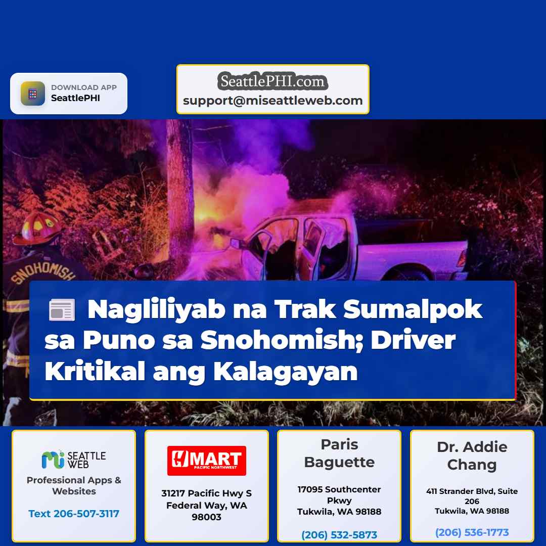 Nagliliyab na Trak Sumalpok sa Puno sa Snohomish;