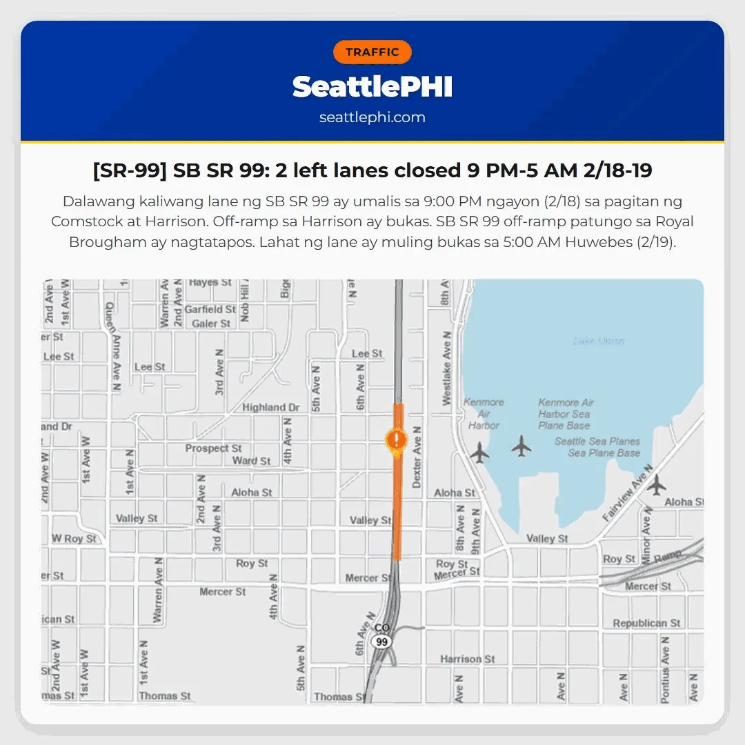 [SR-99] SB SR 99: 2 left lanes closed 9 PM-5 AM 2/18-19