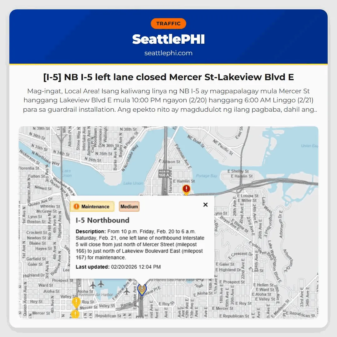 [I-5] NB I-5 left lane closed Mercer St-Lakeview Blvd E