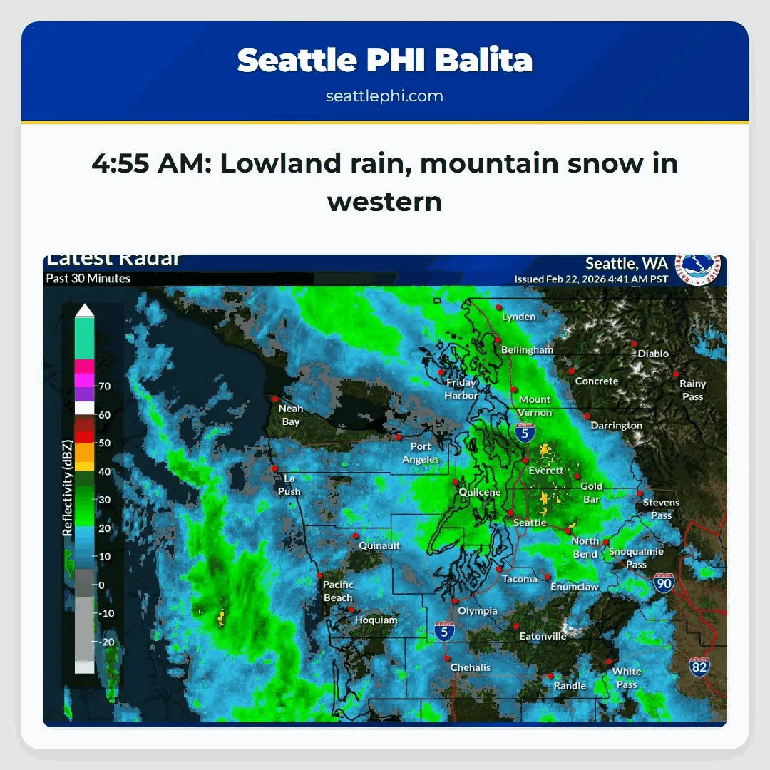 4:55 AM: Lowland rain, mountain snow in western