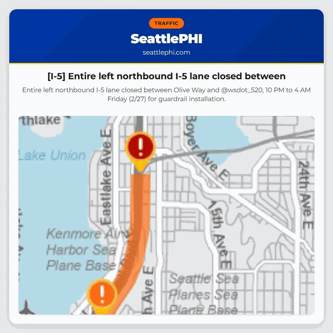 [I-5] Entire left northbound I-5 lane closed between