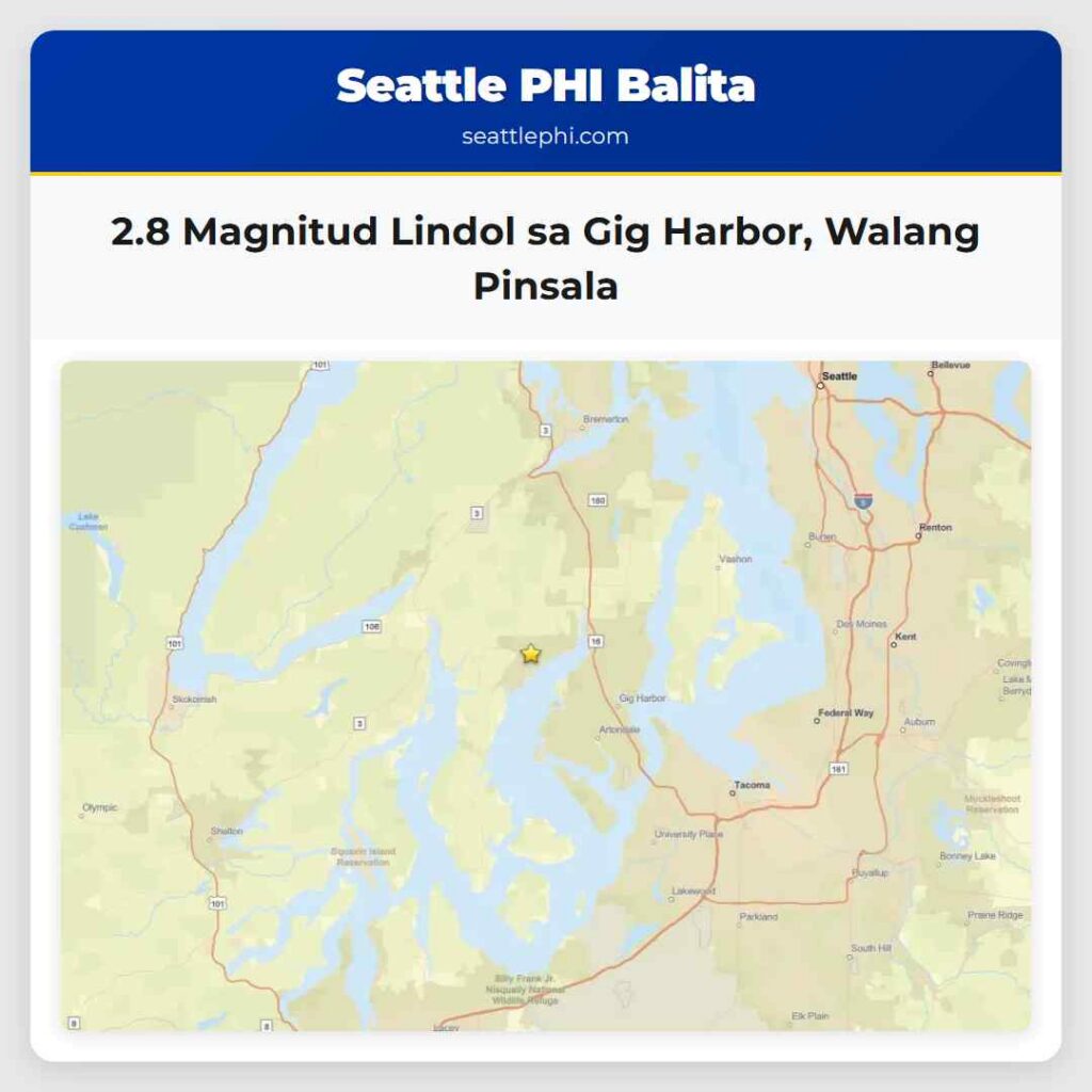 2.8 Magnitud Lindol sa Gig Harbor, Walang Pinsala
